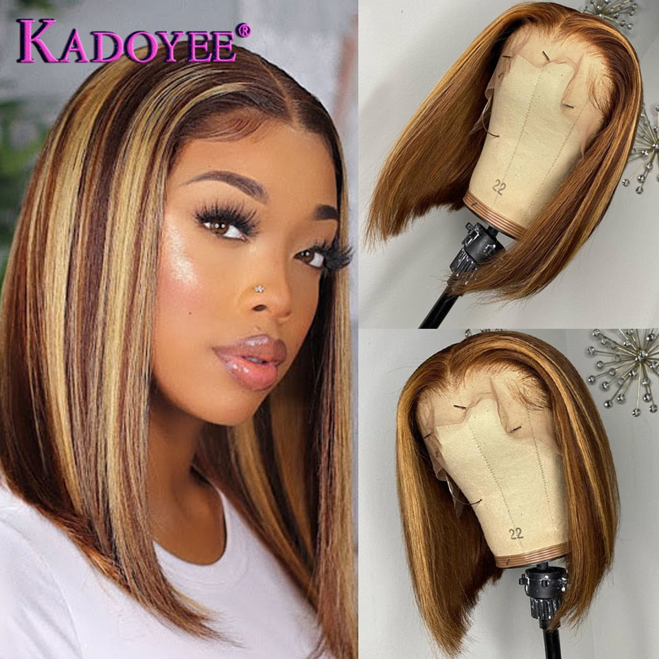 Straight Short Bob Wig Honey Brown Lace Front Human Hair Wigs Brazilian