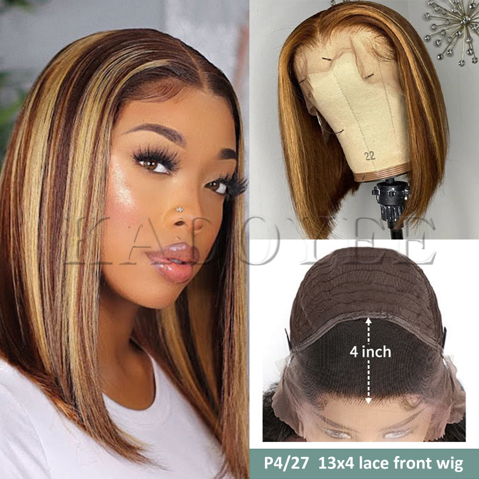 Straight Short Bob Wig Honey Brown Lace Front Human Hair Wigs Brazilian