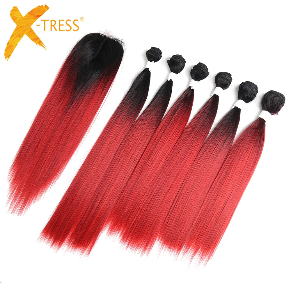 Yaki Straight Synthetic Hair Bundles With Closure 14-18inch High Temperature Fiber Ombre Red Color