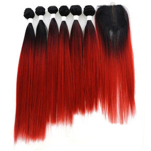 Yaki Straight Synthetic Hair Bundles With Closure 14-18inch High Temperature Fiber Ombre Red Color