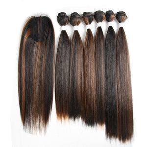 Yaki Straight Synthetic Hair Bundles With Closure 14-18inch High Temperature Fiber Ombre Red Color