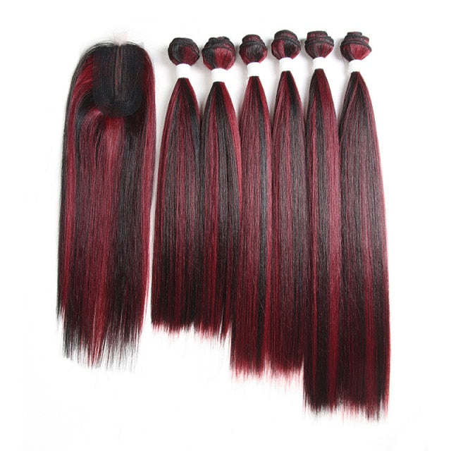 Yaki Straight Synthetic Hair Bundles With Closure 14-18inch High Temperature Fiber Ombre Red Color