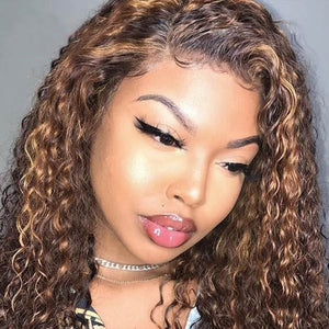 Brazilian Human Hair Lace Front Water Wave Wig with Highlights