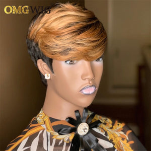 Non Lace Front Short Honey Blonde Ombre Pixie Cut Wig with Bangs