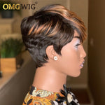 Non Lace Front Short Honey Blonde Ombre Pixie Cut Wig with Bangs