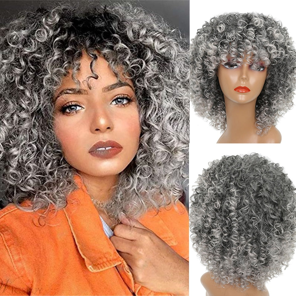 Curly Grey/Black Synthetic Wig with Bangs