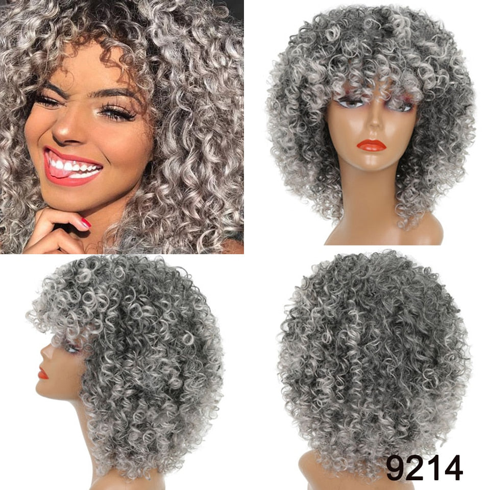 Curly Grey/Black Synthetic Wig with Bangs