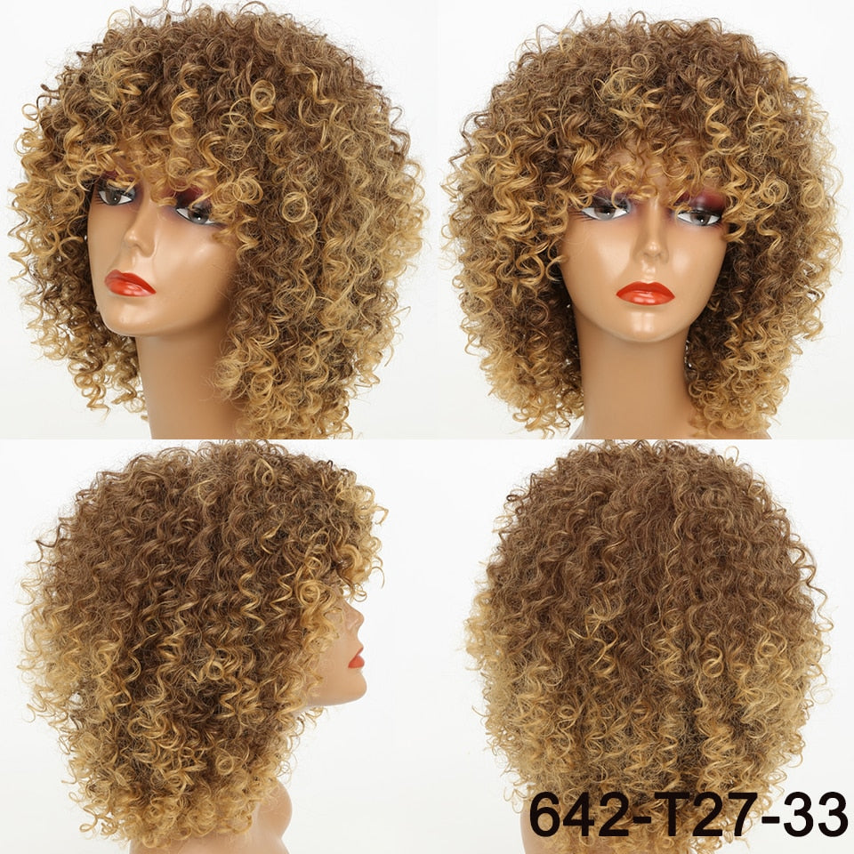 Curly Light Brown/Blonde Synthetic Wig with Bangs