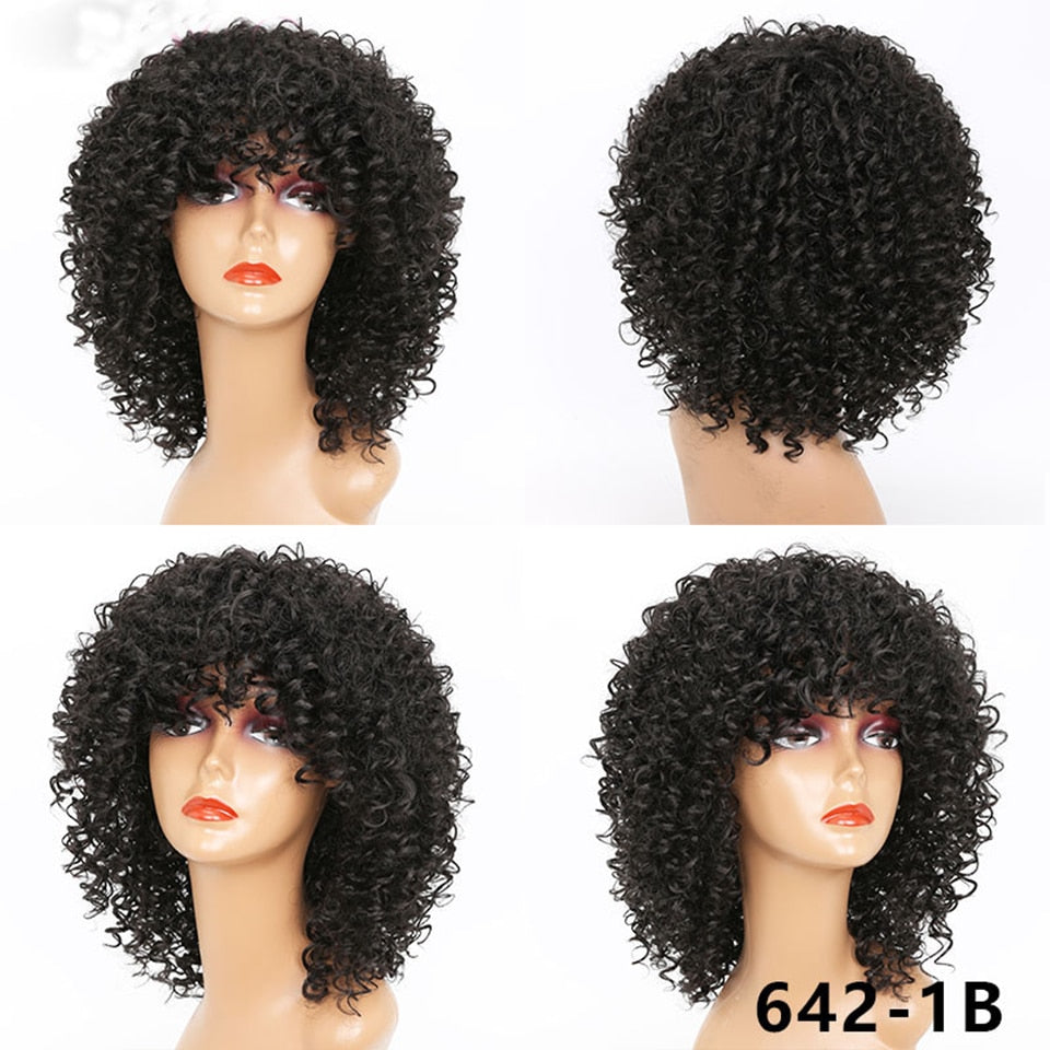 Curly Black Synthetic Wig with Bangs