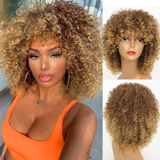 Curly Light Brown/Blonde Synthetic Wig with Bangs