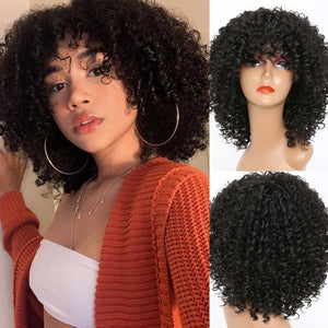 Curly Black Synthetic Wig with Bangs