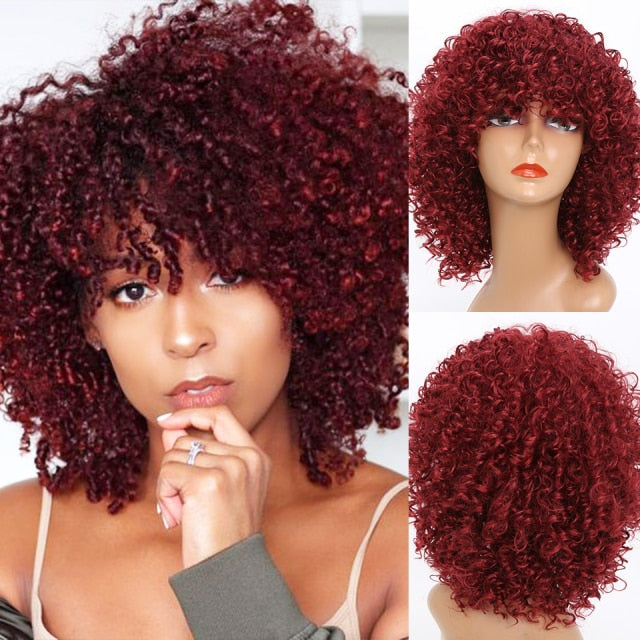 Curly Wine Red Synthetic Wig with Bangs