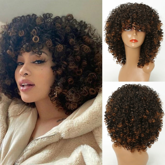 Curly Dark Brown/Light Brown Synthetic Wig with Bangs