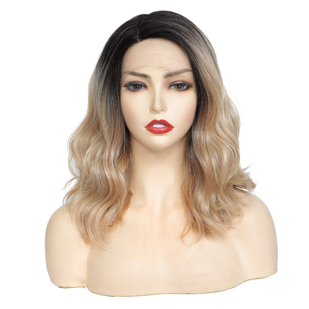 Short Synthetic Blonde Natural Wave Lace Font Wig