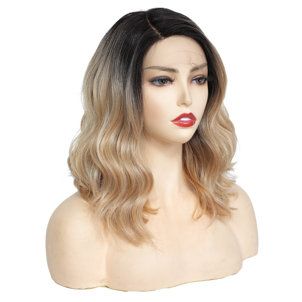 Short Synthetic Blonde Natural Wave Lace Font Wig