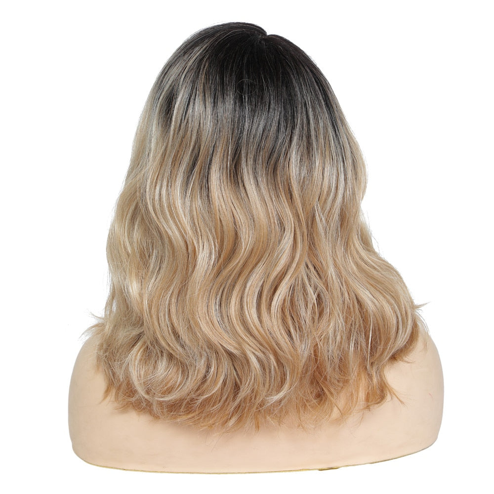 Short Synthetic Blonde Natural Wave Lace Font Wig