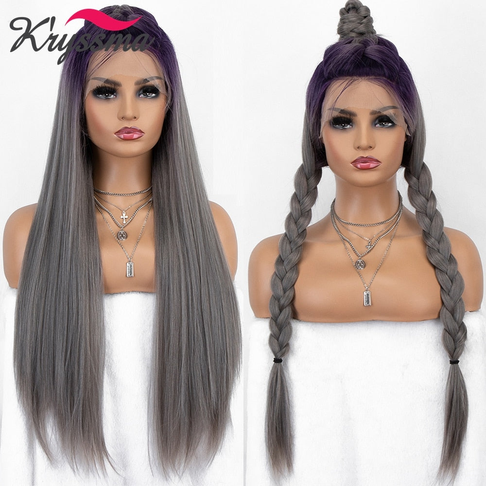 Purple Grey Long Straight Synthetic Lace Front Wig