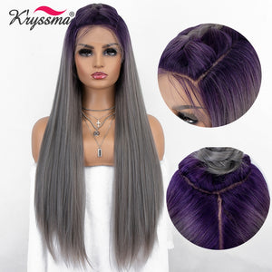 Purple Grey Long Straight Synthetic Lace Front Wig