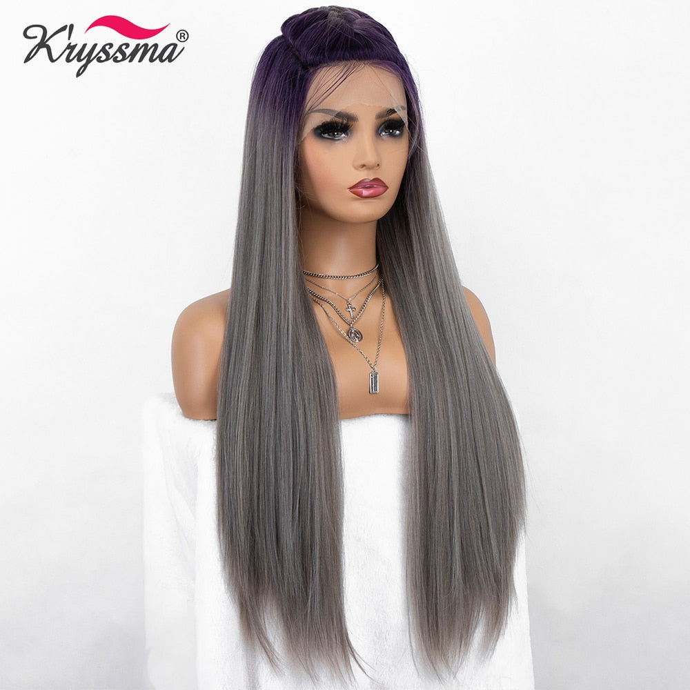 Purple Grey Long Straight Synthetic Lace Front Wig